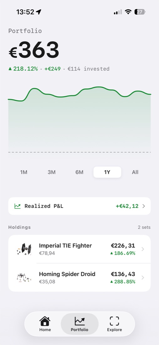 BrickStats-Portfolio mit dem Gesamtwert der Sammlung, der Rendite und den einzelnen Sets